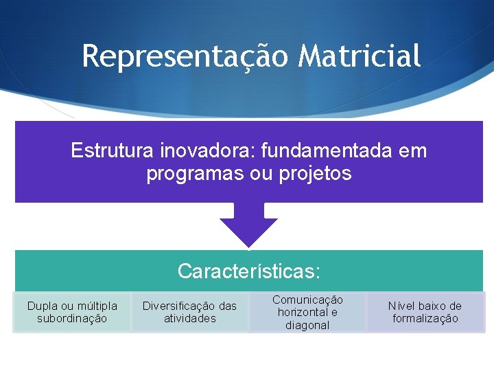 Representação Matricial Estrutura inovadora: fundamentada em programas ou projetos Características: Dupla ou múltipla subordinação