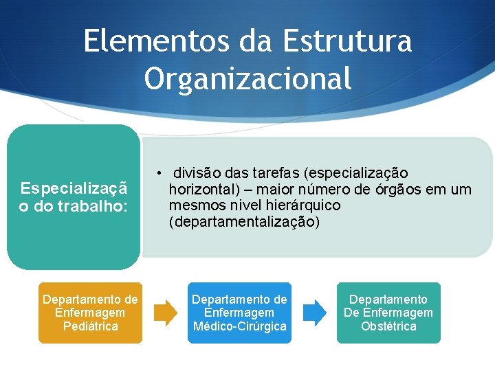 Elementos da Estrutura Organizacional Especializaçã o do trabalho: Departamento de Enfermagem Pediátrica • divisão