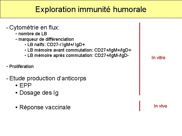 Exploration immunité humorale • Cytométrie en flux: • nombre de LB • marqueur de