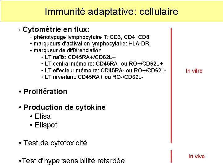 Immunité adaptative: cellulaire • Cytométrie en flux: • phénotypage lymphocytaire T: CD 3, CD