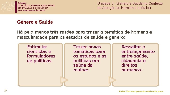Coleção: ATENÇÃO A HOMENS E MULHERES EM SITUAÇÃO DE VIOLÊNCIA POR PARCEIROS ÍNTIMOS Unidade