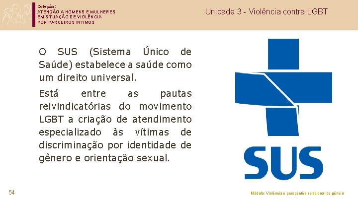 Coleção: ATENÇÃO A HOMENS E MULHERES EM SITUAÇÃO DE VIOLÊNCIA POR PARCEIROS ÍNTIMOS Unidade