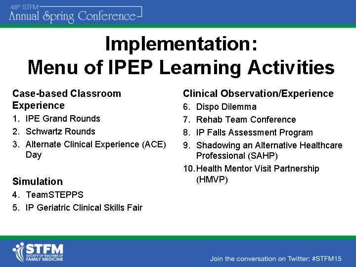 Implementation: Menu of IPEP Learning Activities Case-based Classroom Experience 1. IPE Grand Rounds 2.