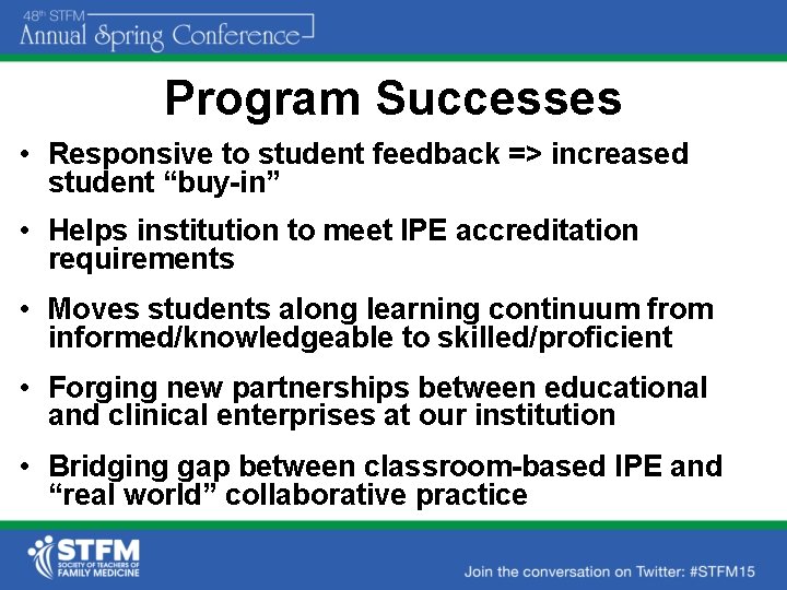 Program Successes • Responsive to student feedback => increased student “buy-in” • Helps institution