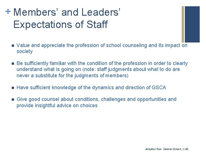 + Members’ and Leaders’ Expectations of Staff n Value and appreciate the profession of