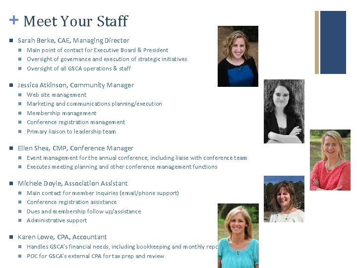 + Meet Your Staff n Sarah Berke, CAE, Managing Director n n Jessica Atkinson,