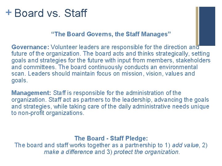+ Board vs. Staff “The Board Governs, the Staff Manages” Governance: Volunteer leaders are