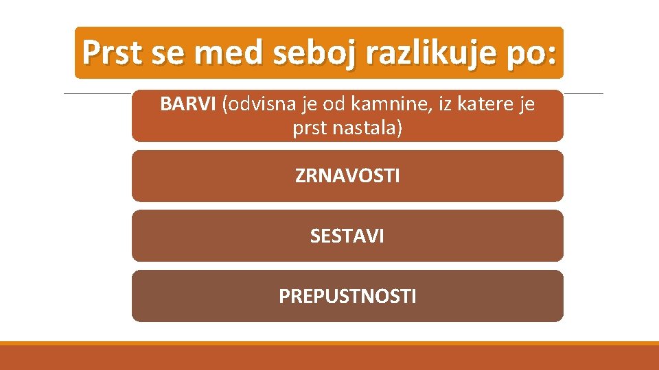 Prst se med seboj razlikuje po: BARVI (odvisna je od kamnine, iz katere je