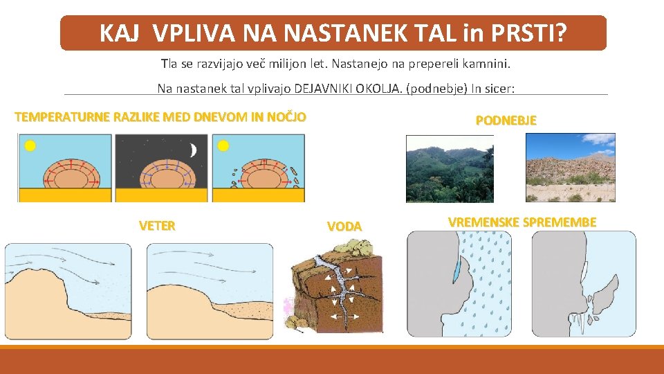 KAJ VPLIVA NA NASTANEK TAL in PRSTI? Tla se razvijajo več milijon let. Nastanejo