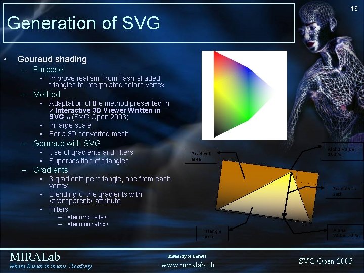 16 Generation of SVG • Gouraud shading – Purpose • Improve realism, from flash-shaded