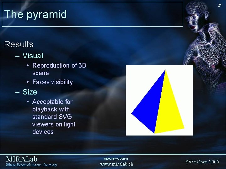 21 The pyramid Results – Visual • Reproduction of 3 D scene • Faces