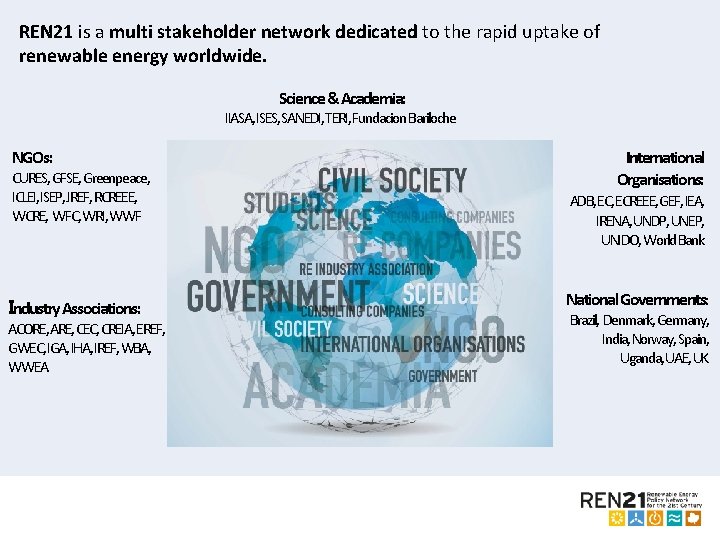REN 21 is a multi stakeholder network dedicated to the rapid uptake of renewable