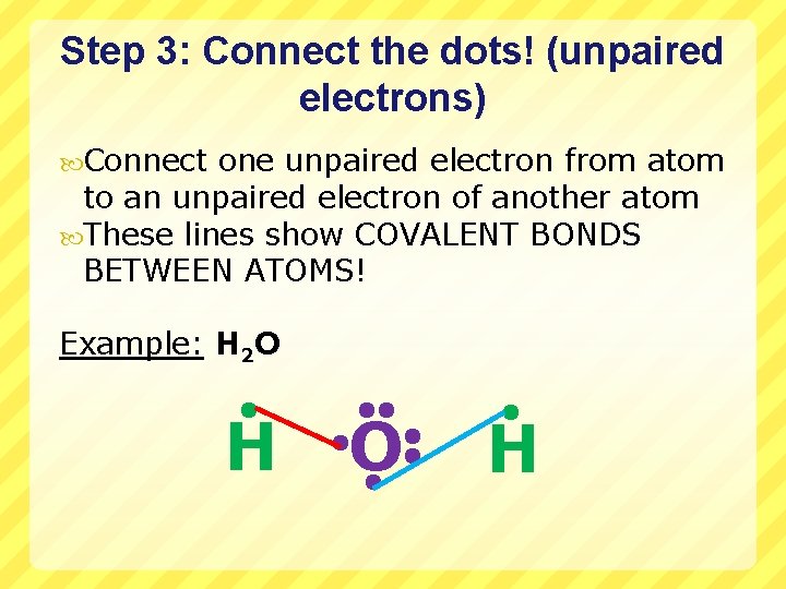 Step 3: Connect the dots! (unpaired electrons) Connect one unpaired electron from atom to