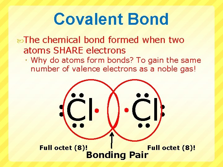 Covalent Bond The chemical bond formed when two atoms SHARE electrons Why do atoms