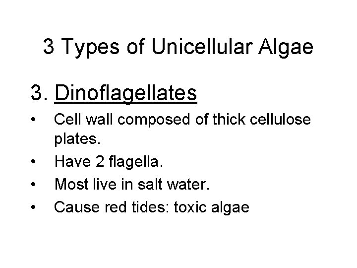 3 Types of Unicellular Algae 3. Dinoflagellates • • Cell wall composed of thick