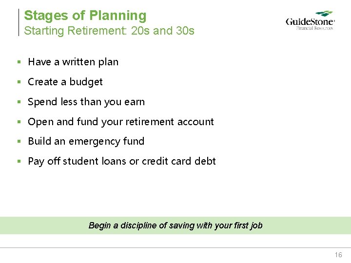 Stages of Planning Starting Retirement: 20 s and 30 s § Have a written Stages of Planning Starting Retirement: 20 s and 30 s § Have a written