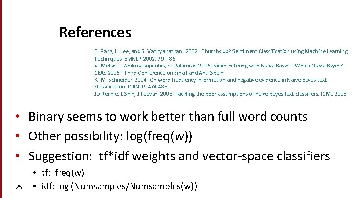 References B. Pang, L. Lee, and S. Vaithyanathan. 2002. Thumbs up? Sentiment Classification using