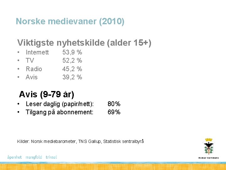 Norske medievaner (2010) Viktigste nyhetskilde (alder 15+) • • Internett TV Radio Avis 53,