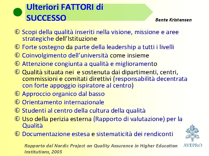 Ulteriori FATTORI di SUCCESSO Bente Kristensen Scopi della qualità inseriti nella visione, missione e