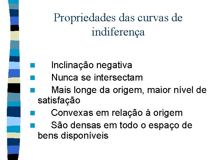 Propriedades das curvas de indiferença Inclinação negativa n Nunca se intersectam n Mais longe Propriedades das curvas de indiferença Inclinação negativa n Nunca se intersectam n Mais longe