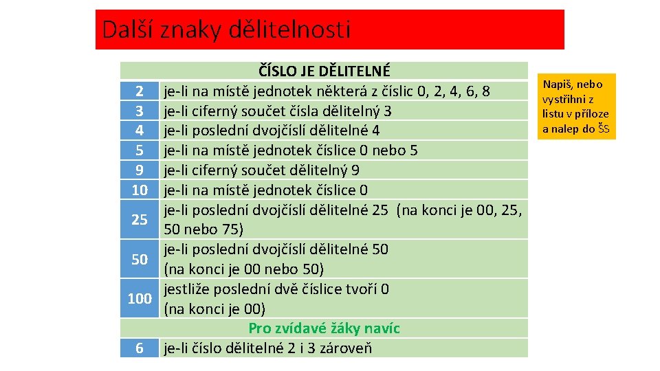 Další znaky dělitelnosti 2 3 4 5 9 10 25 50 100 6 ČÍSLO Další znaky dělitelnosti 2 3 4 5 9 10 25 50 100 6 ČÍSLO