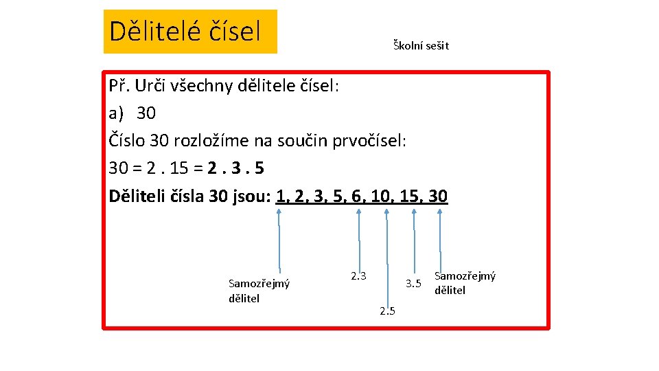 Dělitelé čísel Školní sešit Př. Urči všechny dělitele čísel: a) 30 Číslo 30 rozložíme Dělitelé čísel Školní sešit Př. Urči všechny dělitele čísel: a) 30 Číslo 30 rozložíme