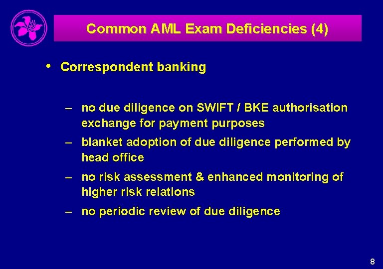 Common AML Exam Deficiencies (4) • Correspondent banking – no due diligence on SWIFT