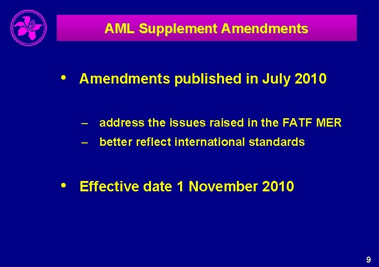 AML Supplement Amendments • Amendments published in July 2010 – address the issues raised