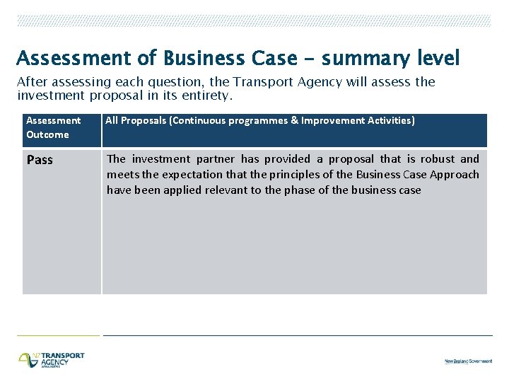 Assessment of Business Case - summary level After assessing each question, the Transport Agency
