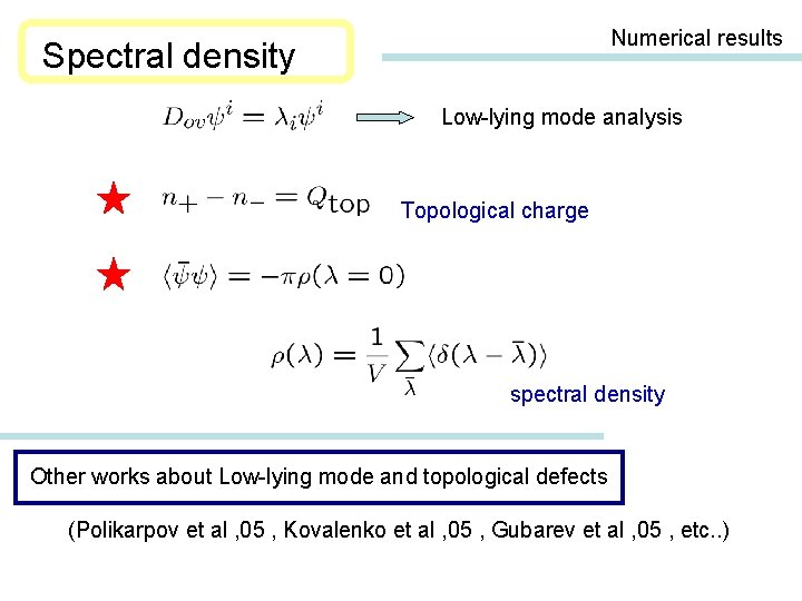 Numerical results Spectral density Low-lying mode analysis Topological charge spectral density Other works about
