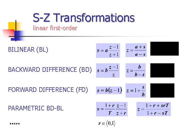 S-Z Transformations linear first-order BILINEAR (BL) BACKWARD DIFFERENCE (BD) FORWARD DIFFERENCE (FD) PARAMETRIC BD-BL