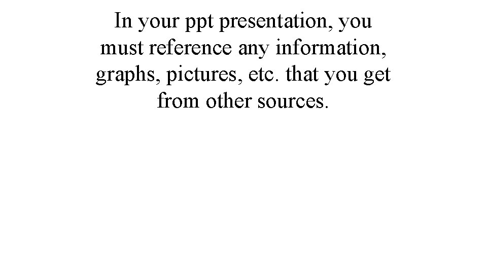 In your ppt presentation, you must reference any information, graphs, pictures, etc. that you