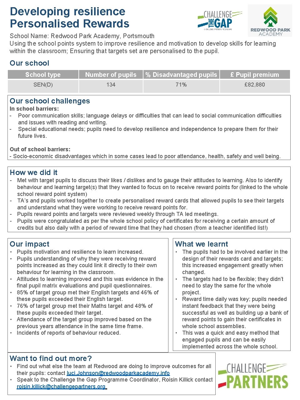 Developing resilience Personalised Rewards School Name: Redwood Park Academy, Portsmouth Using the school points