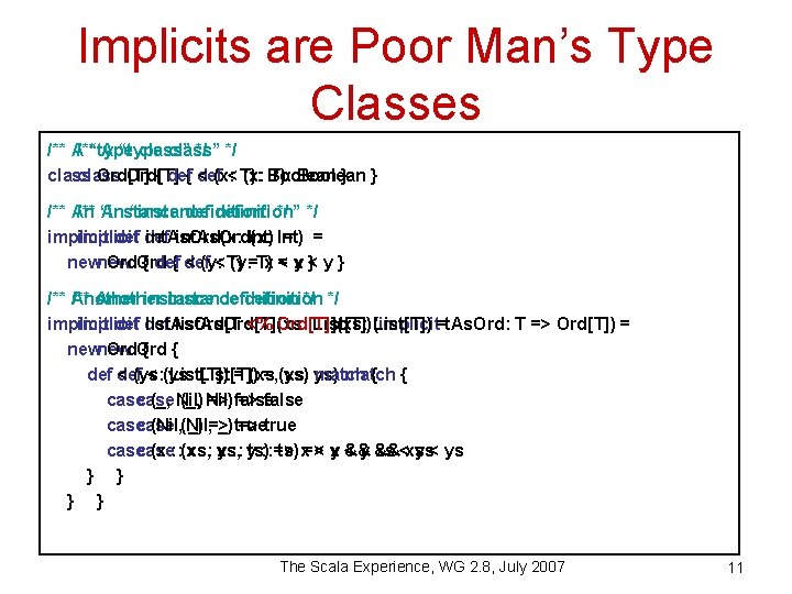 Implicits are Poor Man’s Type Classes /** A “type class” */ class Ord[T] {