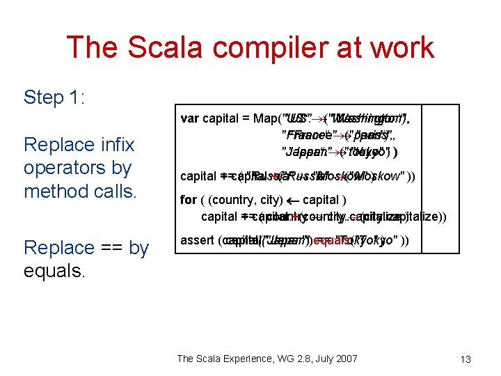 The Scala compiler at work Step 1: Replace infix operators by method calls. Replace