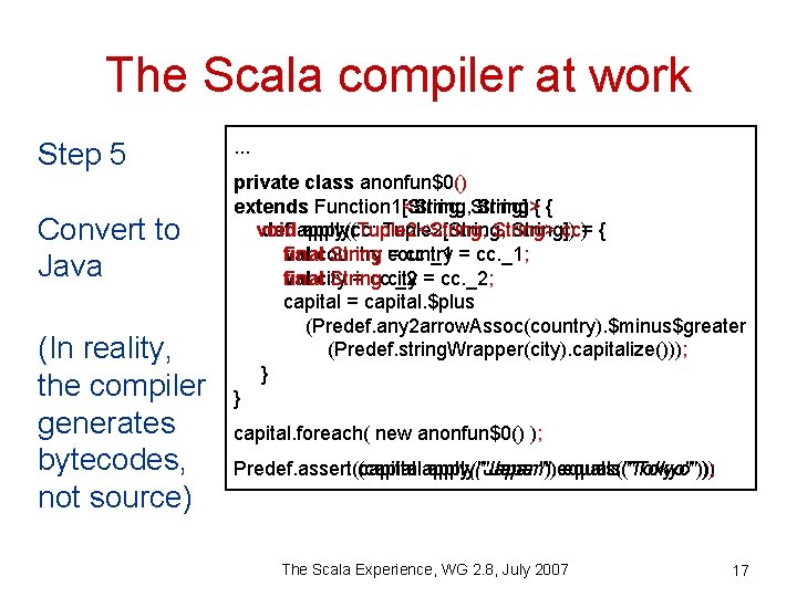 The Scala compiler at work Step 5 Convert to Java (In reality, the compiler