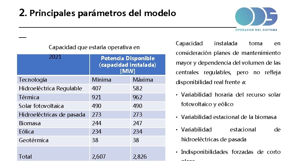 2. Principales parámetros del modelo _____________________________ __ Capacidad que estaría operativa en 2021 Potencia