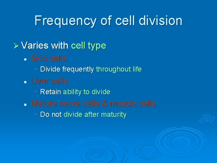 Frequency of cell division Ø Varies with cell type l Skin cells • Divide