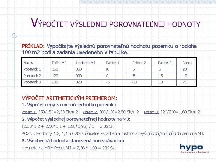 VÝPOČTET VÝSLEDNEJ POROVNATEĽNEJ HODNOTY PRÍKLAD: Vypočítajte výslednú porovnateľnú hodnotu pozemku o rozlohe 100 m