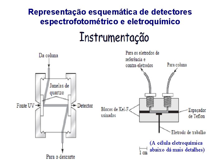 Representação esquemática de detectores espectrofotométrico e eletroquímico (A célula eletroquímica abaixo dá mais detalhes)