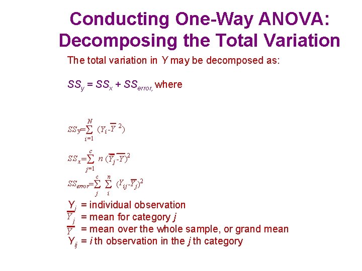 Conducting One-Way ANOVA: Decomposing the Total Variation The total variation in Y may be