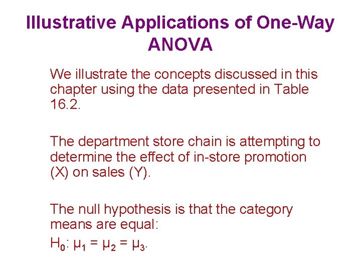 Illustrative Applications of One-Way ANOVA We illustrate the concepts discussed in this chapter using