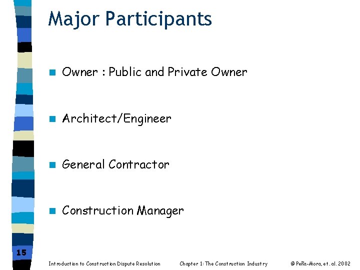 Major Participants n Owner : Public and Private Owner n Architect/Engineer n General Contractor