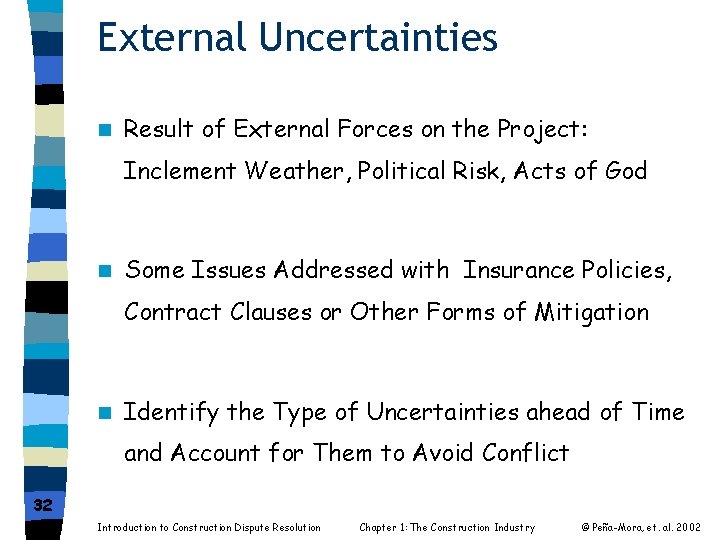 External Uncertainties n Result of External Forces on the Project: Inclement Weather, Political Risk,