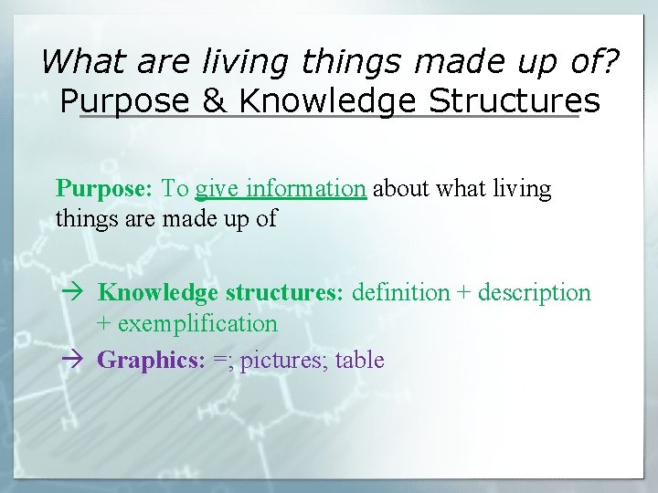 What are living things made up of? Purpose & Knowledge Structures Purpose: To give