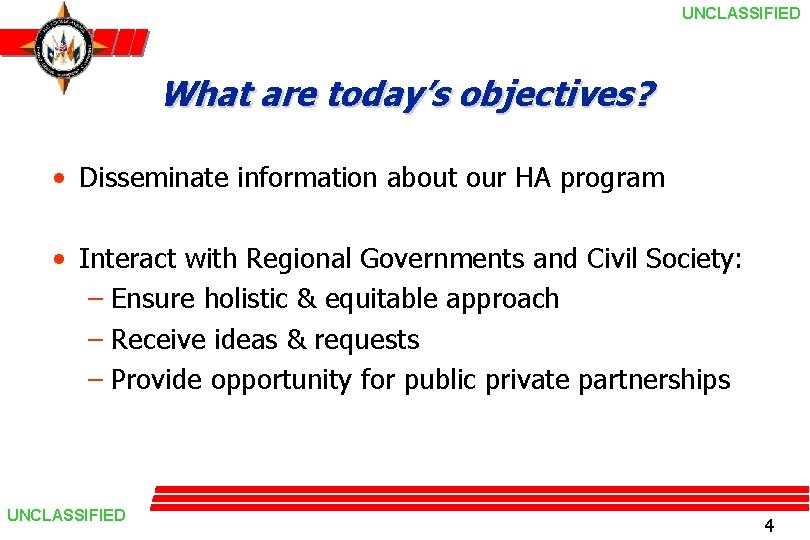 UNCLASSIFIED What are today’s objectives? • Disseminate information about our HA program • Interact