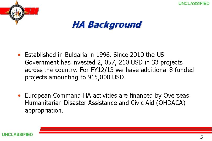 UNCLASSIFIED HA Background • Established in Bulgaria in 1996. Since 2010 the US Government