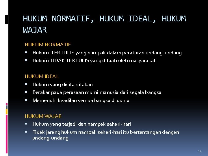 HUKUM NORMATIF, HUKUM IDEAL, HUKUM WAJAR HUKUM NORMATIF Hukum TERTULIS yang nampak dalam peraturan HUKUM NORMATIF, HUKUM IDEAL, HUKUM WAJAR HUKUM NORMATIF Hukum TERTULIS yang nampak dalam peraturan