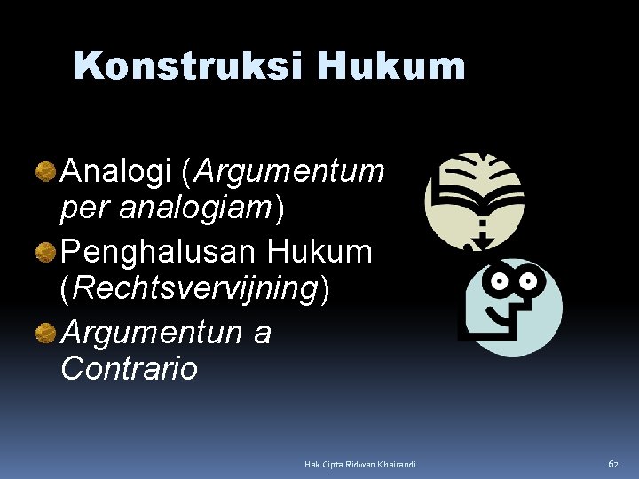 Konstruksi Hukum Analogi (Argumentum per analogiam) Penghalusan Hukum (Rechtsvervijning) Argumentun a Contrario Hak Cipta Konstruksi Hukum Analogi (Argumentum per analogiam) Penghalusan Hukum (Rechtsvervijning) Argumentun a Contrario Hak Cipta