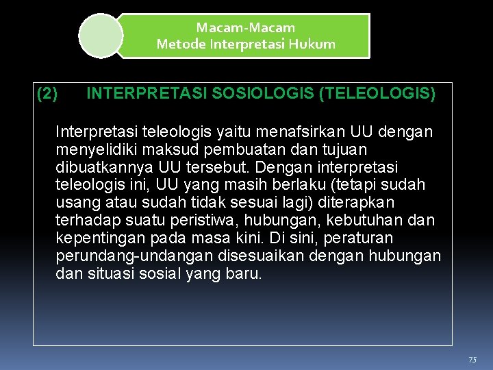 Macam-Macam Metode Interpretasi Hukum (2) INTERPRETASI SOSIOLOGIS (TELEOLOGIS) Interpretasi teleologis yaitu menafsirkan UU dengan Macam-Macam Metode Interpretasi Hukum (2) INTERPRETASI SOSIOLOGIS (TELEOLOGIS) Interpretasi teleologis yaitu menafsirkan UU dengan